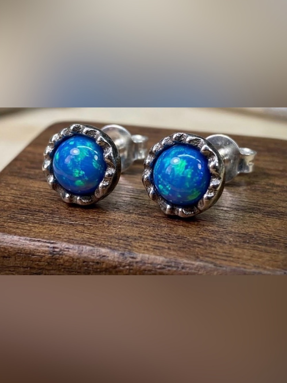 Lab Created Australian Black Opal Cabochon Stud Earrings 925 Sterling Silver